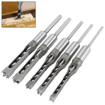 5Pcs Square Hole Drill Bit, Woodworking Hole Saw Mortising Chisel Drill Bit Tool Set 1/4, 5/16, 3/8, 2/5, 1/2 for Mortising Machines Drill Press Attachments