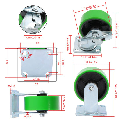 Findmall 4 Pack 5" Polyurethane Swivel & Rigid Caster Wheels with Double Lock Brake, Top Plate Mount Heavy Duty Casters for Platform Trucks, U-Boat Carts & Workbenches