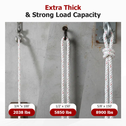 findmall 3-Strand Arborist Rigging Rope – Heavy Duty Tree Climbing & Outdoor Work Rope, 2038 LBS Breaking Strength (White&Red)