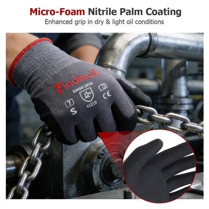 findmall 3-12 Pairs Micro-Foam Nitrile Coated Work Gloves – Seamless Knit Nylon Safety Gloves for Home & Industrial Use