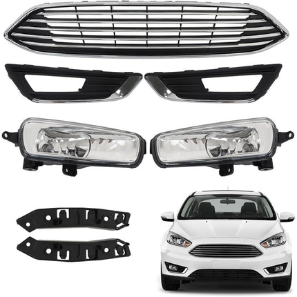 Findmall 7Pcs Kits Front Grille Fog Light and Cover Bumper Brackets Assembly Replacement for 2015 2016 2017 2018 Focus
