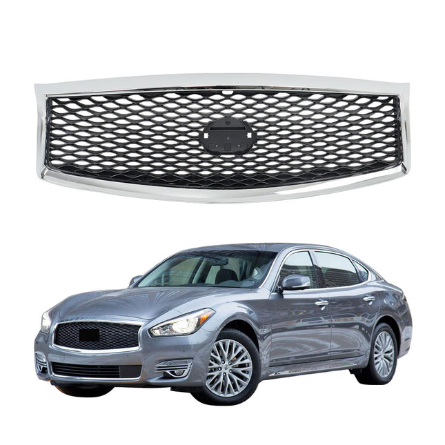 Findmall Glossy Black and Chrome Honeycomb Mesh Front Upper Grille with Camera Hole Replacement for Q70 and Q70L 2015-2019