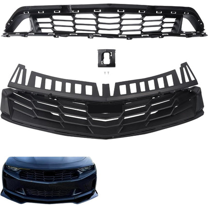 Findmall 2-Piece Black Front Upper and Lower Bumper Grille Set Replacement for Camaro RS 2019-2024 84112274 84112283