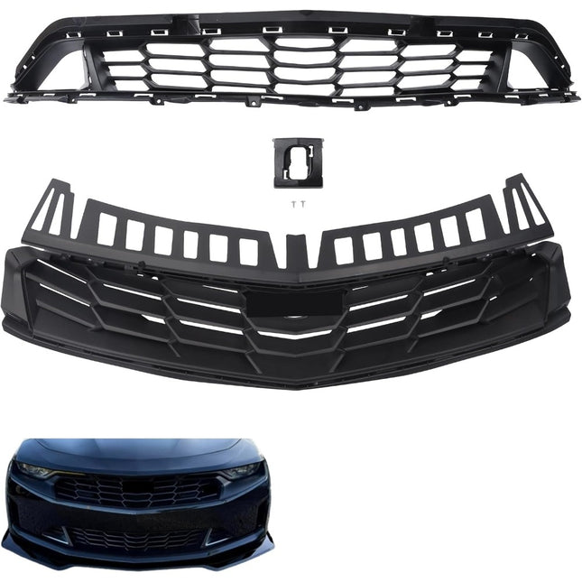 Findmall 2-Piece Black Front Upper and Lower Bumper Grille Set Replacement for Camaro RS 2019-2024 84112274 84112283