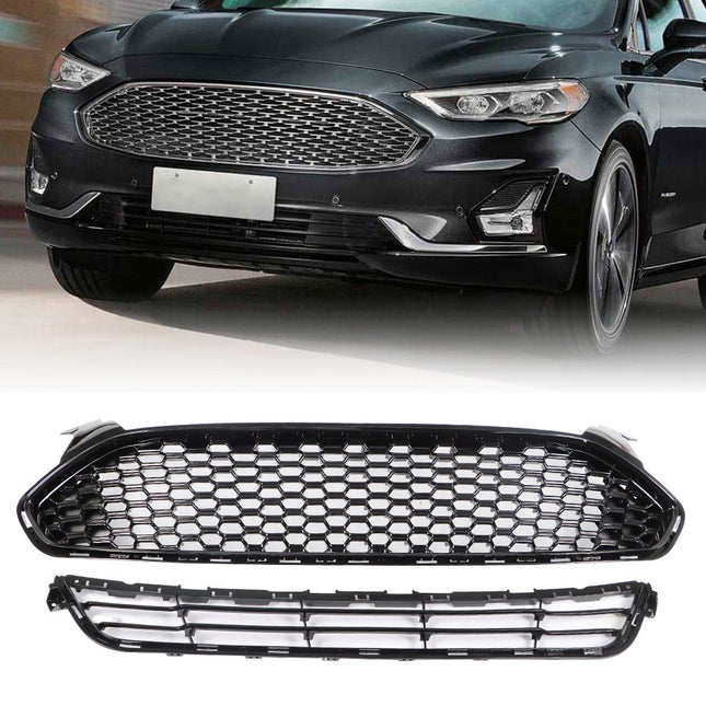 Findmall Black Honeycomb Front Upper and Lower Bumper Grille Kit Replacement for Fusion 2013-2016