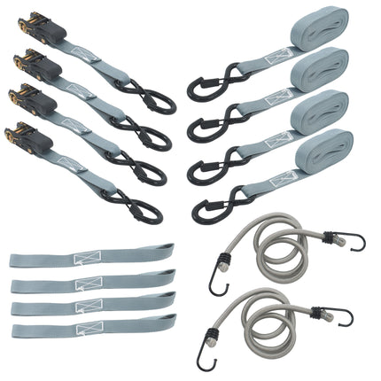 Findmall 4 Pack 1 Inch x 15 Ft Ratchet Tie Down Straps Kit 2200 lbs Break Strength with S Hooks, Loop Straps and Bungee Cords for Motorcycle, ATV, Trailer and Moving
