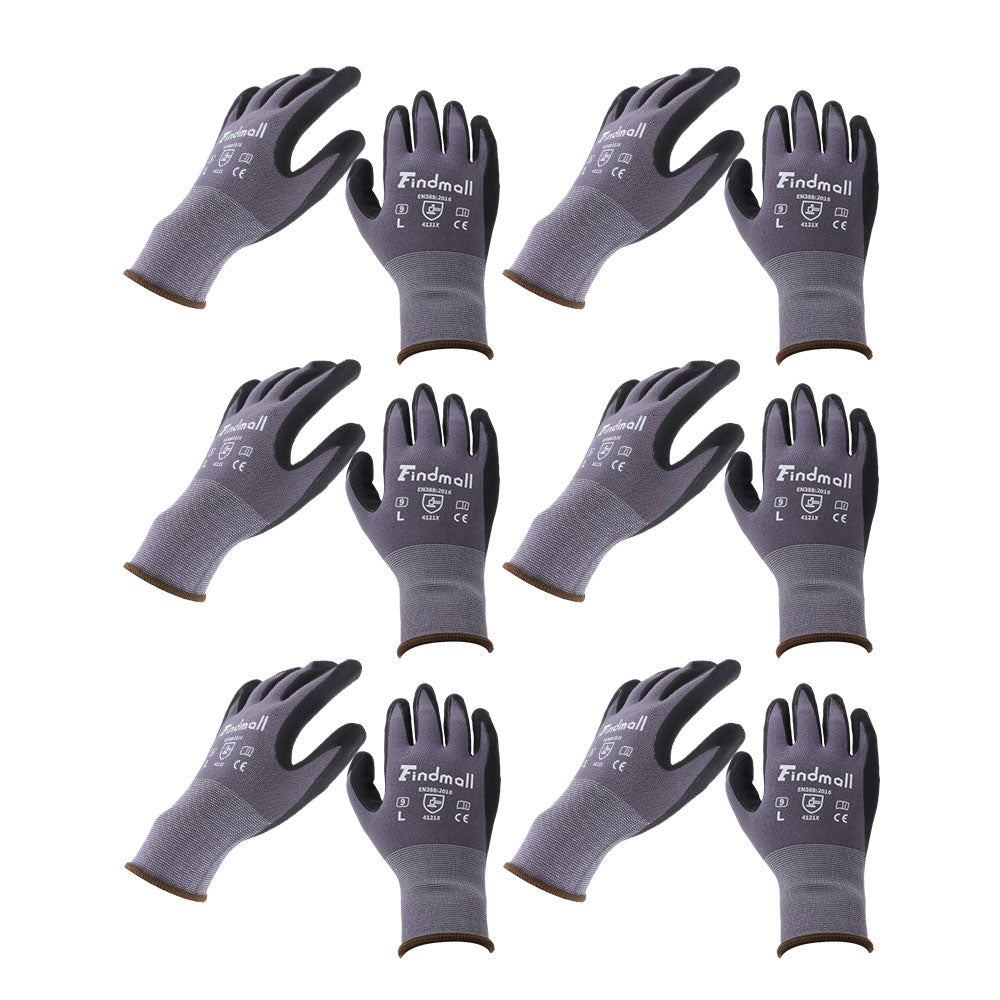 findmall Safety Work Gloves MicroFoam Nitrile Coated Foam Gloves L-Size/6 Pairs