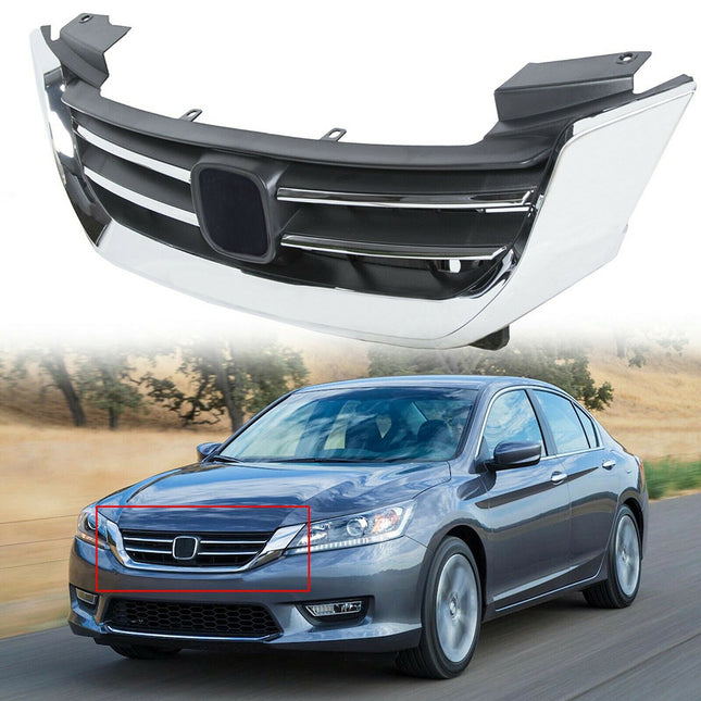 Findmall Black and Chrome Straight-Trim Front Upper Bumper Grille Replacement for Accord 2013-2015