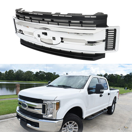 Findmall Front Bumper Center Grille Grill Chrome & Black Replacement for 2017-2019 F250 Truck F350 Super Duty FO1200600C