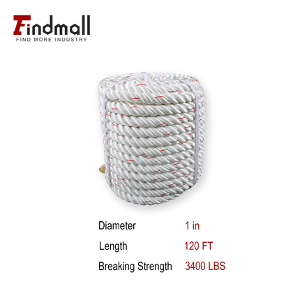 Findmall 3 Strand Polyester Braided Rope, 120FT High Strength Utility Rope, White & Red Multi Purpose Rope for Lifting, Hoisting, Tying & Outdoor Use