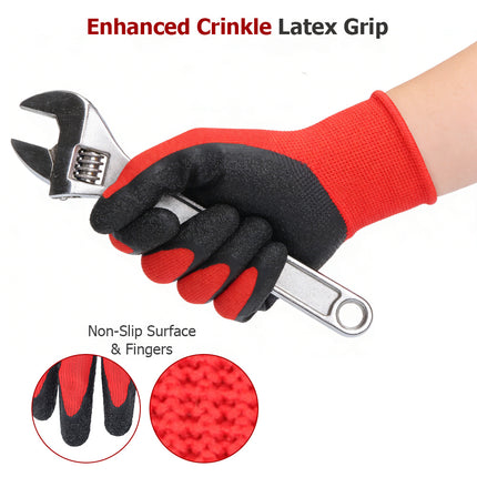 findmall 12 Pairs Crinkle Latex Coated Work Gloves – Durable Rubber Grip Safety Gloves for Construction, Warehouse, Gardening & Assembly