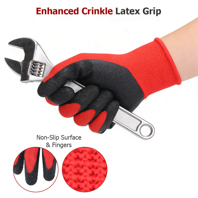 findmall 12 Pairs Crinkle Latex Coated Work Gloves – Durable Rubber Grip Safety Gloves for Construction, Warehouse, Gardening & Assembly