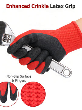 findmall 12 Pairs Crinkle Latex Coated Work Gloves – Durable Rubber Grip Safety Gloves for Construction, Warehouse, Gardening & Assembly