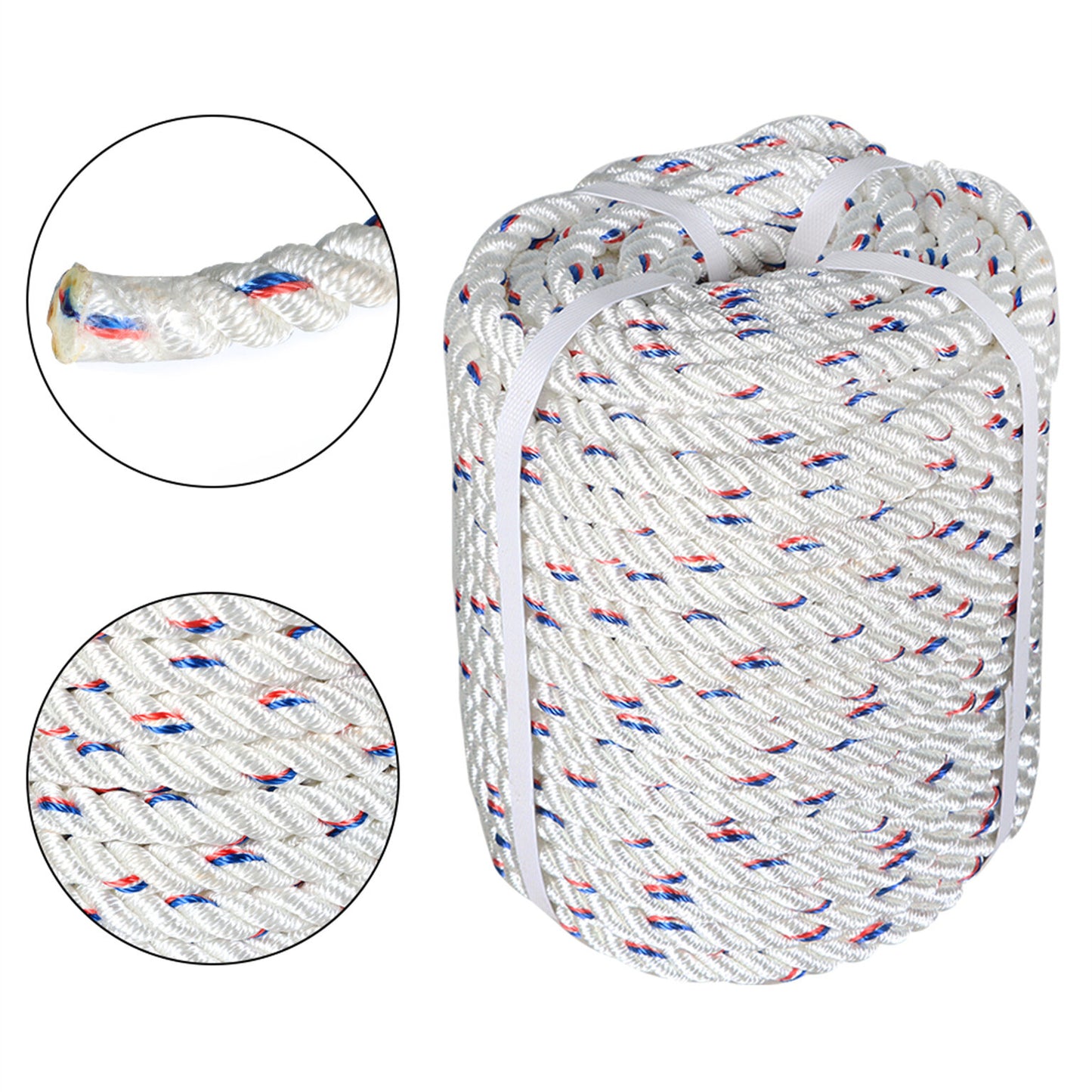 findmall 1/2 In Braid Polyester Rope Bull Rigging High Force Polyester Rope 200 FT White Red Blue