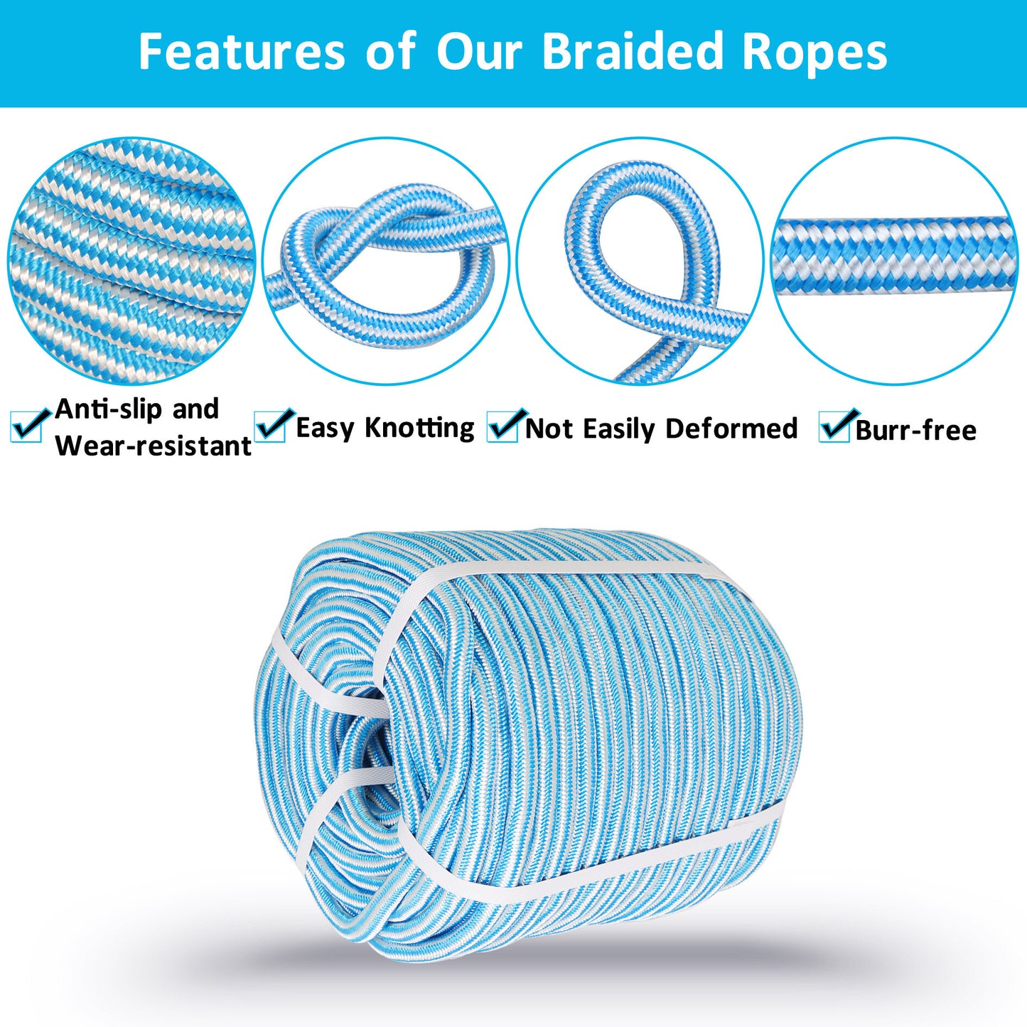 findmall 5/8 Inch 200 Feet 24 Strands Braided Rope Tree Felling Rope High Strength Polyester Rope for Swing Camping Bundling Black White