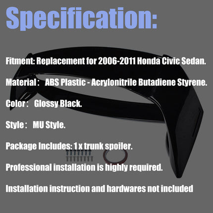 Findmall Glossy Black Trunk Spoiler Wing Replacement for 2006-2011 Honda Civic Sedan MU