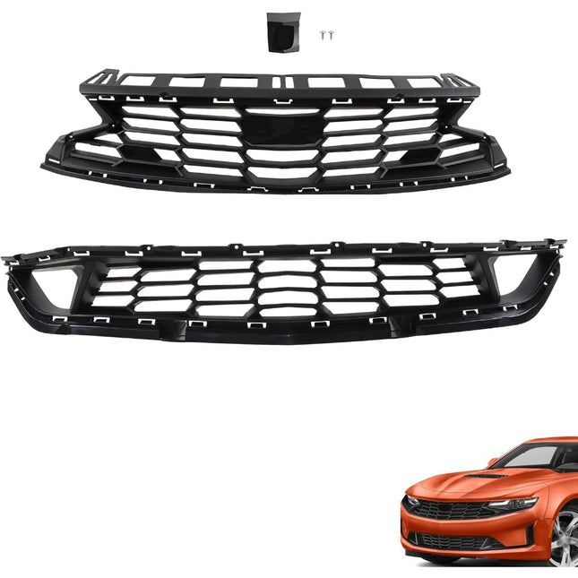 Findmall 2-Piece Black Front Upper and Lower Bumper Grille Set Replacement for Camaro LT and LS 2019-2024 84047465 84112283