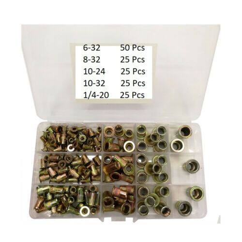 findmall 150Pcs Rivet Nuts Kit SAE Carbon Steel Flat Head Threaded Rivet Nut Insert Nutsert Rivet Nuts Assortment Kit 1/4-20 10-32 10-24 8-32 6-32