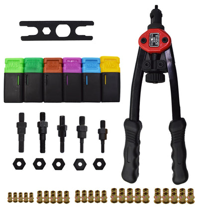 13" Hand Rivet Nut Tool Kit Hand Blind Riveter with 60Pcs Rivet Nuts and 6Pcs Mandrels M5 M6 M8 10-24 1/4-20 5/16-18 Rivet Nut Gun Riveting Tools with Metric & SAE Nose Pieces