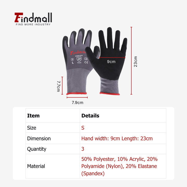 findmall 3-12 Pairs Micro-Foam Nitrile Coated Work Gloves – Seamless Knit Nylon Safety Gloves for Home & Industrial Use