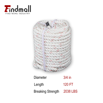 Findmall 3 Strand Polyester Braided Rope, 120FT High Strength Utility Rope, White & Red Multi Purpose Rope for Lifting, Hoisting, Tying & Outdoor Use