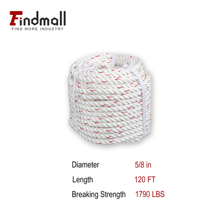 Findmall 3 Strand Polyester Braided Rope, 120FT High Strength Utility Rope, White & Red Multi Purpose Rope for Lifting, Hoisting, Tying & Outdoor Use
