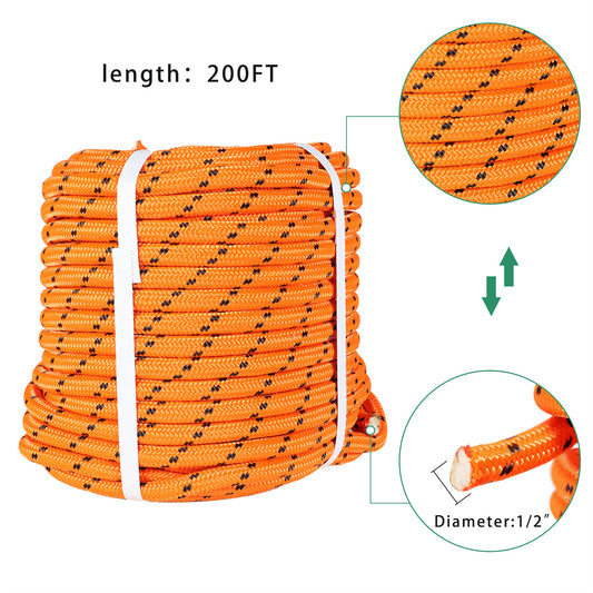 findmall 1/2 Inch Polyester Rope Double Braid Pulling Ropes for Swing Tree Work Orange 200 Feet