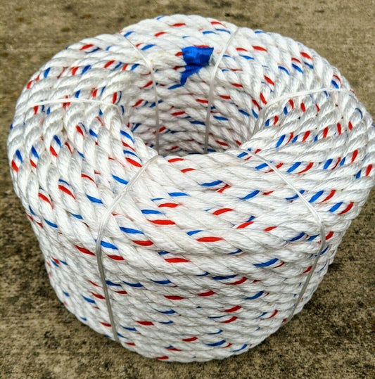 findmall 5/8 In Braid Polyester Rope Bull Rigging High Force Polyester Rope 150 FT White Red Blue