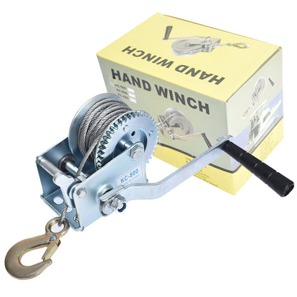 Heavy Duty Hand Winch 600Lbs Hand Crank Strap Gear with 8m Steel Wire Manual Operated Two-Way Ratchet ATV Boat Trailer Marine for Trailering or Loading Boats Personal Watercraft and Lawn Equipment