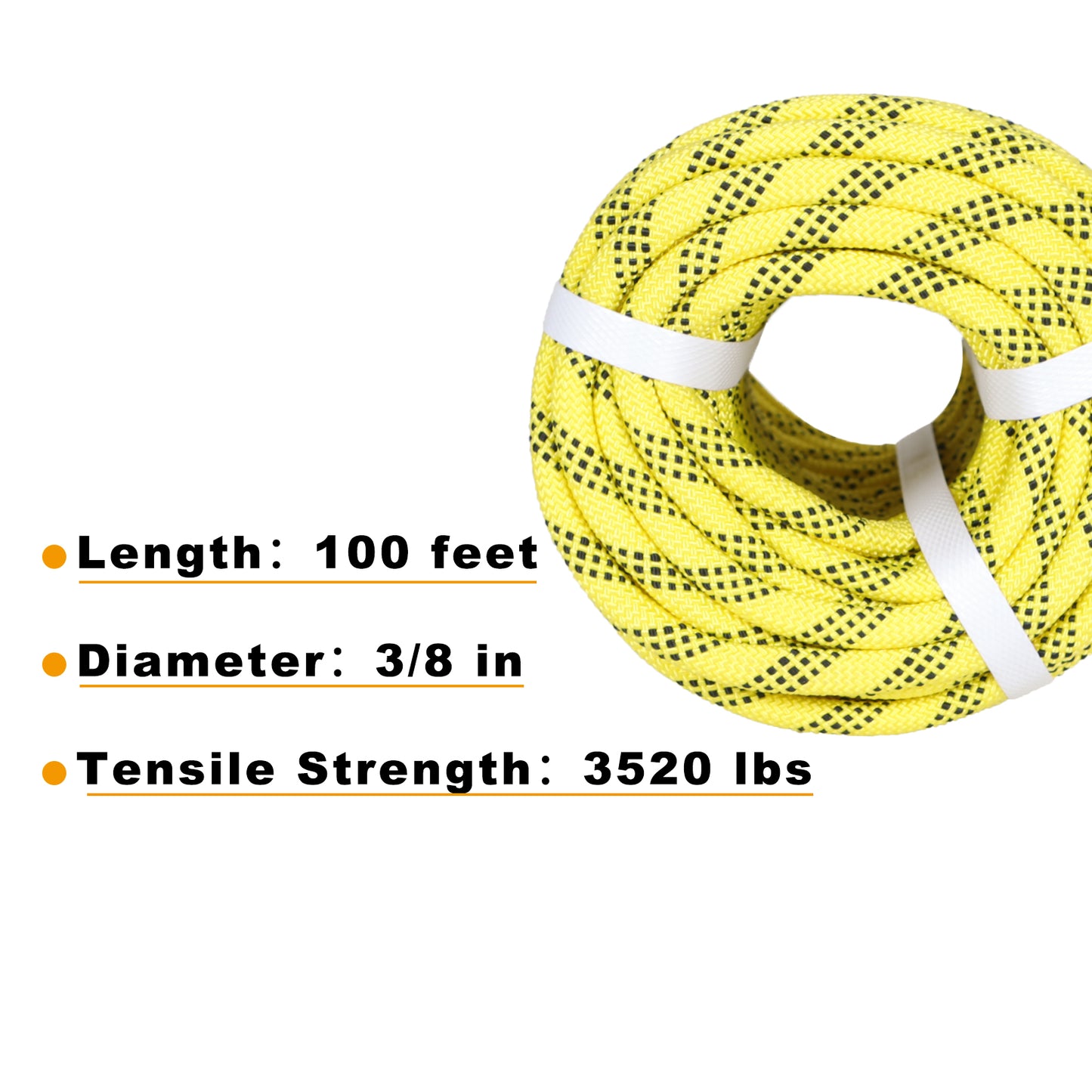 findmall 3/8 Inch 100 Feet Braided Polyester Rope Tree Work Rope Rigging Rope for Outdoor Swing Camping 3250 LBS Yellow Black