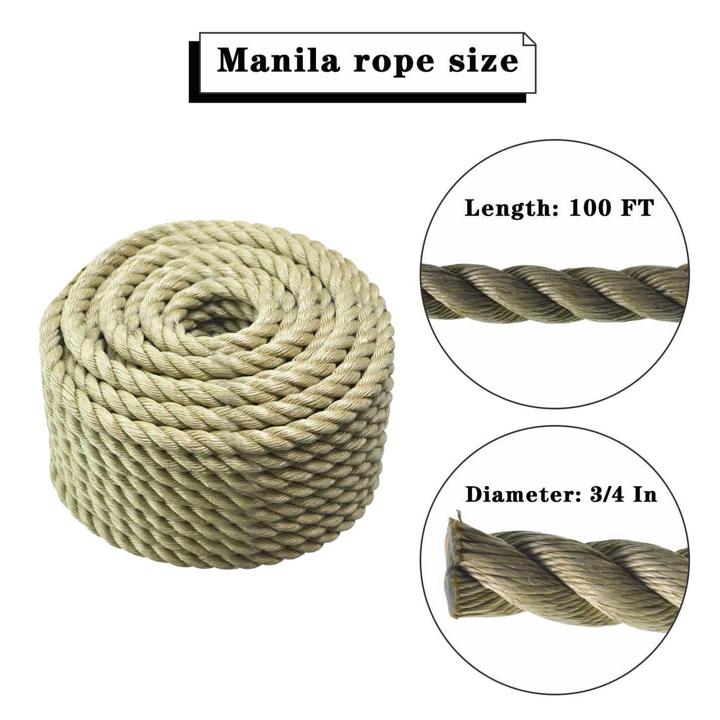 findmall 3 Strand Twisted Rope 3/4"×100' Manila Rope PP Arborist Bull Rope Climbing Rope