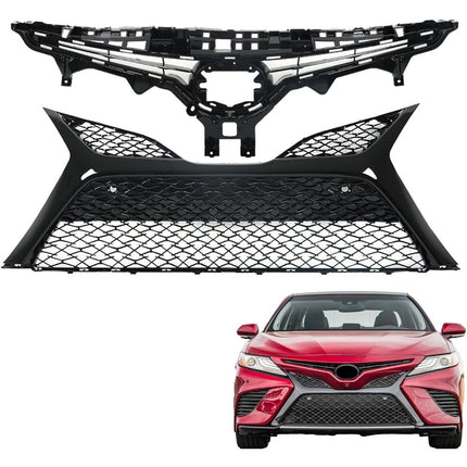 Findmall Front Upper and Lower Grille Set for 2018-2020 Toyota Camry SE XSE, Gloss Black, With Sensor Holes
