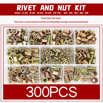 Findmall 300Pcs Rivet Nut Kit with Metric & SAE Threaded Inserts, Flat Head Carbon Steel Rivet Nuts Assortment Set
