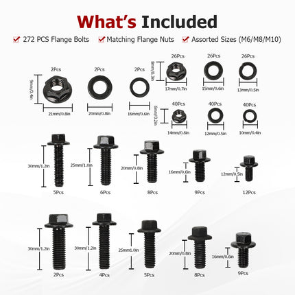 findmall 272PCS Metric Flange Hex Bolts & Nuts Kit – M6/M8/M10 Class 10.9 Black Zinc Plated, Full Thread Assortment (12–30mm)