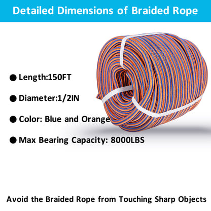 findmall 1/2 Inch 150 Feet 12 Strand Braided Rope Polyester Rigging Rope Tensile Strength 8000 Pounds Bull Rope Suitable for Camping Tree Working Swing Blue Orange