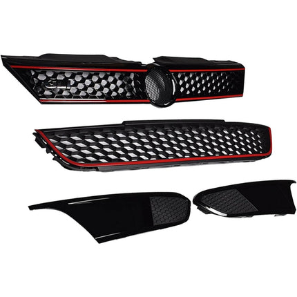 Findmall Front Upper and Lower Grille Set for 2011-2014 Jetta Mk6 Sedan, Black with Red Trim