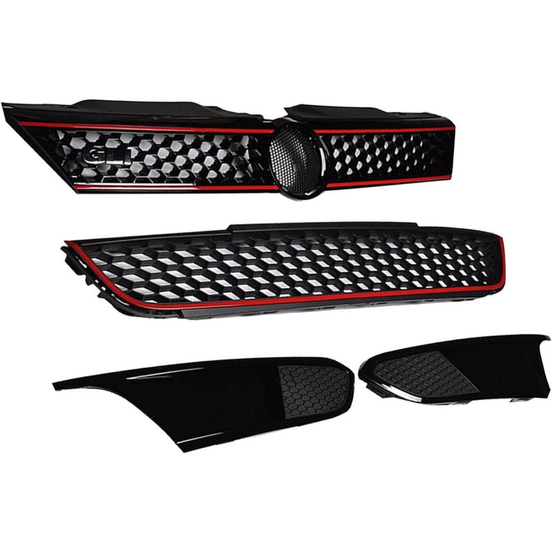 Findmall Front Upper and Lower Grille Set for 2011-2014 Jetta Mk6 Sedan, Black with Red Trim