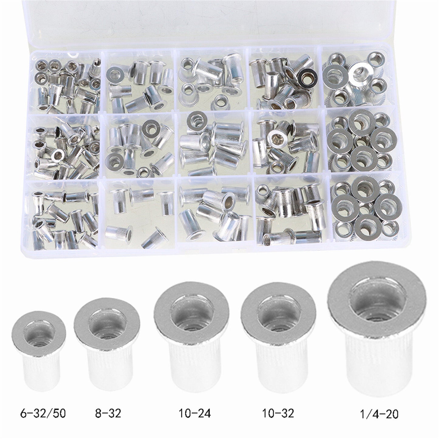 findmall 150Pcs Rivet Nuts Kit SAE (6-32, 8-32, 10-24, 10-32, 1/4-20) Aluminum Flat Head Threaded Rivet Nut Insert Nutsert Rivet Nuts Assortment Kit