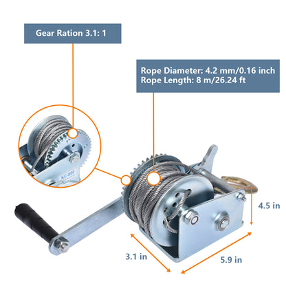 Heavy Duty Hand Winch 600Lbs Hand Crank Strap Gear with 8m Steel Wire Manual Operated Two-Way Ratchet ATV Boat Trailer Marine for Trailering or Loading Boats Personal Watercraft and Lawn Equipment