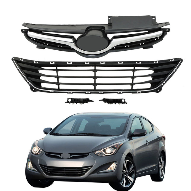 Findmall 4-Piece Chrome and Black Front Upper and Lower Grille and Bumper Bracket Set Replacement for Elantra 2014-2016