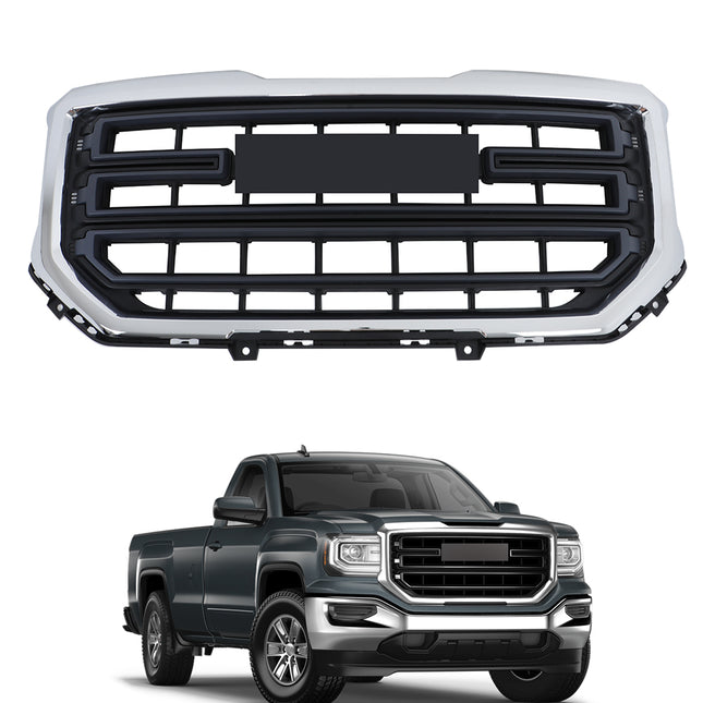 Findmall Glossy Black Straight-Trim Front Upper Bumper Grille with Chrome Frame Replacement for Sierra 1500 2016-2018