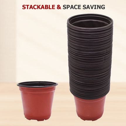 findmall 100PCS Plastic Plant Nursery Pots for Seedlings – Round Stackable Flower & Vegetable Planters, Ribbed Design