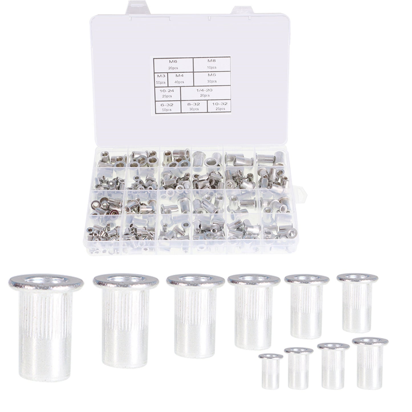 findmall Rivet Nuts Kit 300 Pcs Aluminum Flat Head Threaded Rivetnut Insert Nutsert Rivet Nuts Assortment Kit 150pcs Metric 150pcs SAE M3 M4 M5 M6 M8 6-32 8-32 10-24 10-32 1/4-20