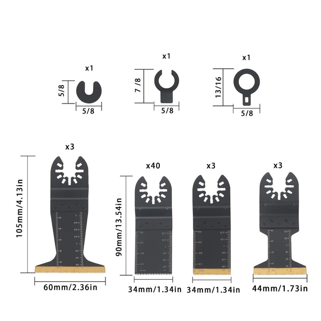 Findmall 49 Pieces of Oscillating Saw Blades Kit(34, 44 and 60MM), High Speed Steel, Titanium-Coated, for Wood, Metal, Universal Compatibility