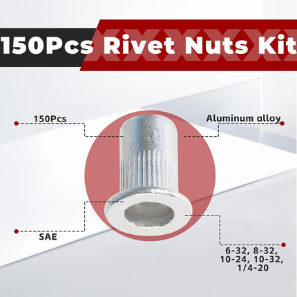 Findmall 150Pcs Rivet Nuts Kit SAE (6-32, 8-32, 10-24, 10-32, 1/4-20) Aluminum Flat Head Threaded Rivet Nut Insert Nutsert Rivet Nuts Assortment Kit
