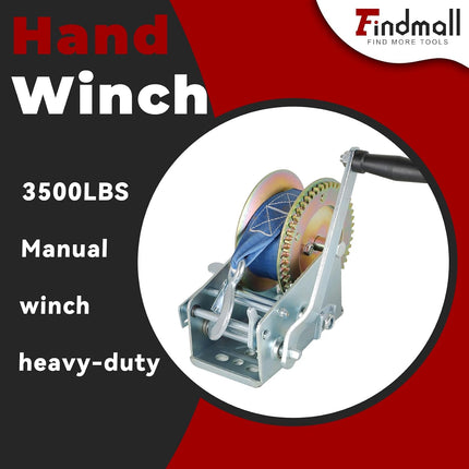 Findmall Heavy Duty Boat Trailer Hand Winch with Nylon Strap, Manual Crank Strap Winch with Hook, Two-Way Ratchet Gear Winch for Boat, Trailer & ATV