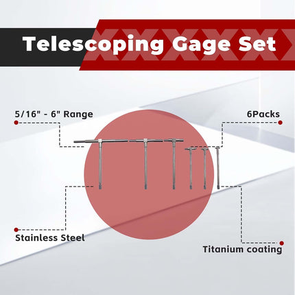 Findmall 6Pcs Telescoping Gage Set 5/16" - 6" Range T-Bore Hole Gauges W/Pouch 8mm-150mm Adjustable Telescopic T Bore Hole Gauges