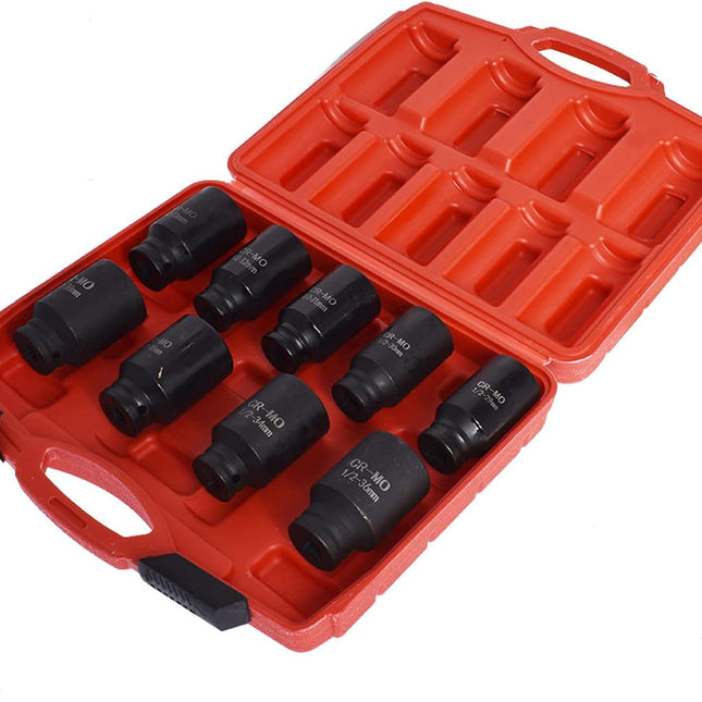 9Pcs 29-38mm Deep Impact Socket Set 1/2 Drive Metric Axle Hub Nut Socket Replacement for Removing and Mounting Axle Nuts