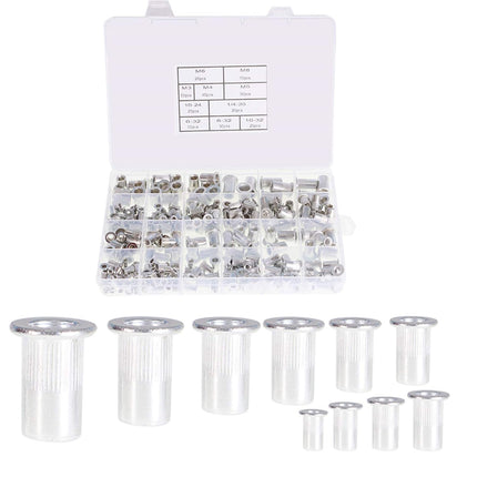 Findmall Rivet Nuts Kit 300 Pcs Aluminum Flat Head Threaded Rivetnut Insert Nutsert Rivet Nuts Assortment Kit 150pcs Metric 150pcs SAE M3 M4 M5 M6 M8 6-32 8-32 10-24 10-32 1/4-20