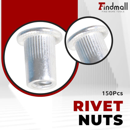 Findmall 150Pcs Rivet Nuts Kit SAE (6-32, 8-32, 10-24, 10-32, 1/4-20) Aluminum Flat Head Threaded Rivet Nut Insert Nutsert Rivet Nuts Assortment Kit